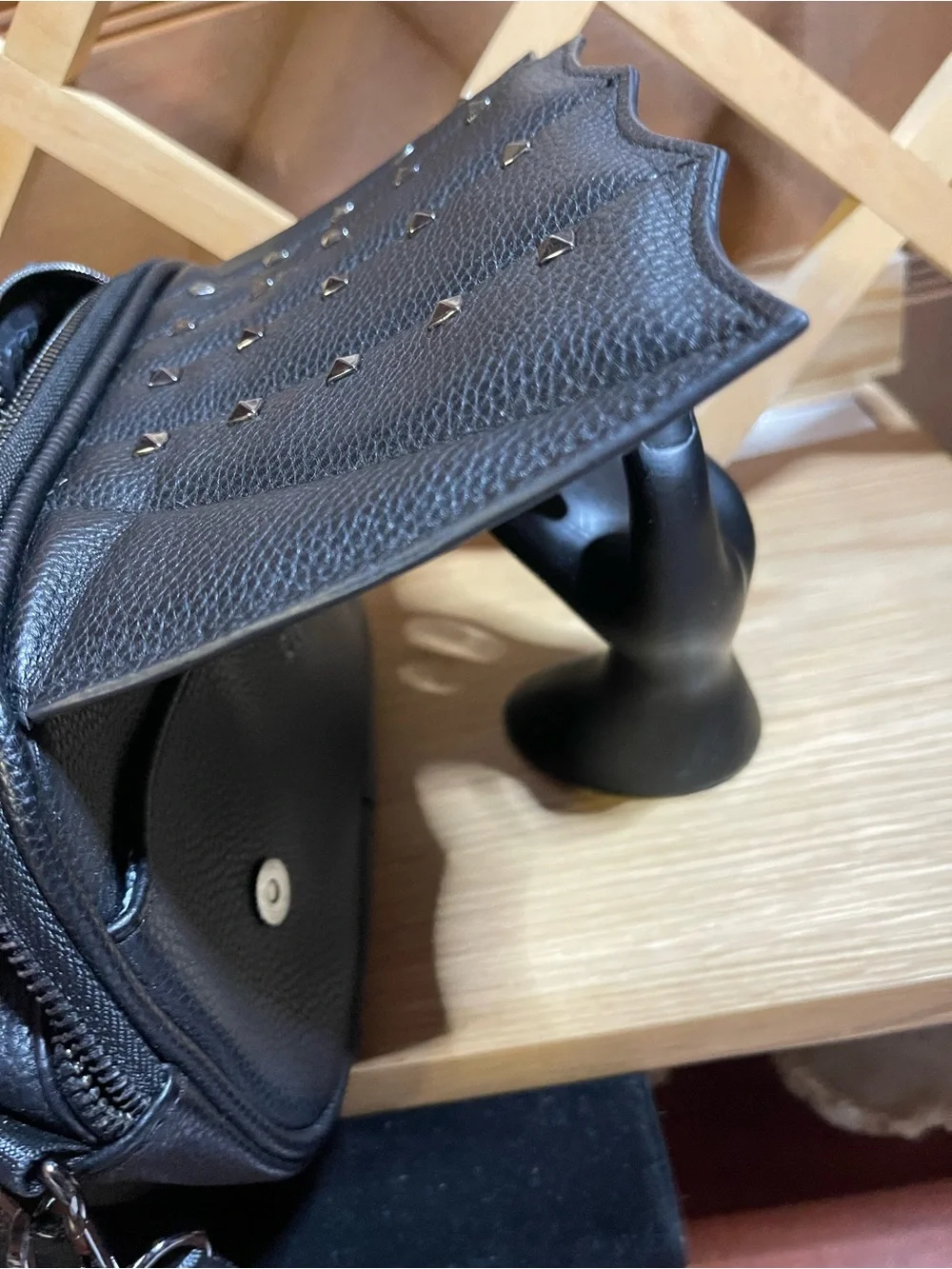 RadRev Edgy Crossbody in Black / Studded Batwing Scalloped Magnetic Flap